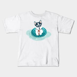 Summer pool pawty // aqua background husky dog on swimming pool float eating icecream Kids T-Shirt